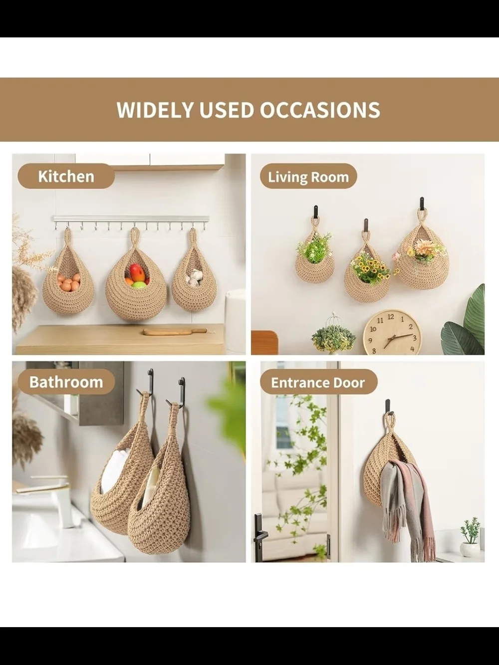 Boho Wall Hanging  Storage Baskets - Natural Beige (Set of 3